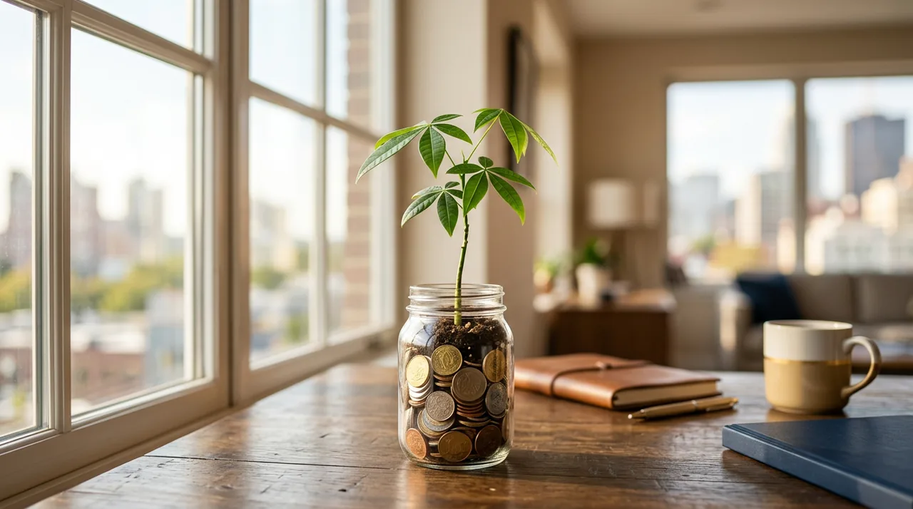 A small plant growing from a jar of coins toward a bright window, long-term growth