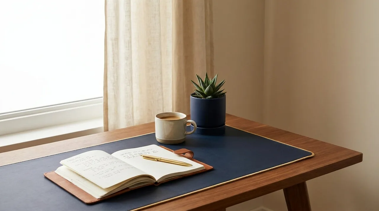 A tidy workspace with a notebook and coffee, planning a monthly budget