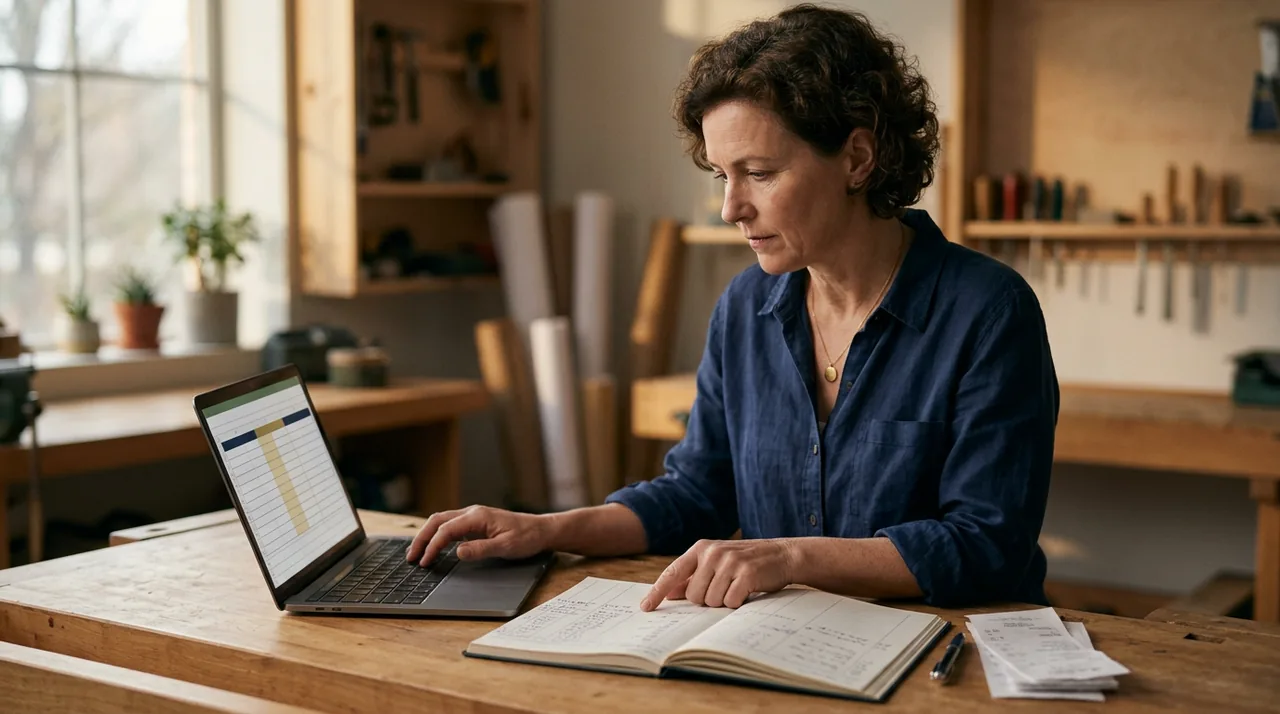 A small business owner reviewing numbers at a workbench in warm light
