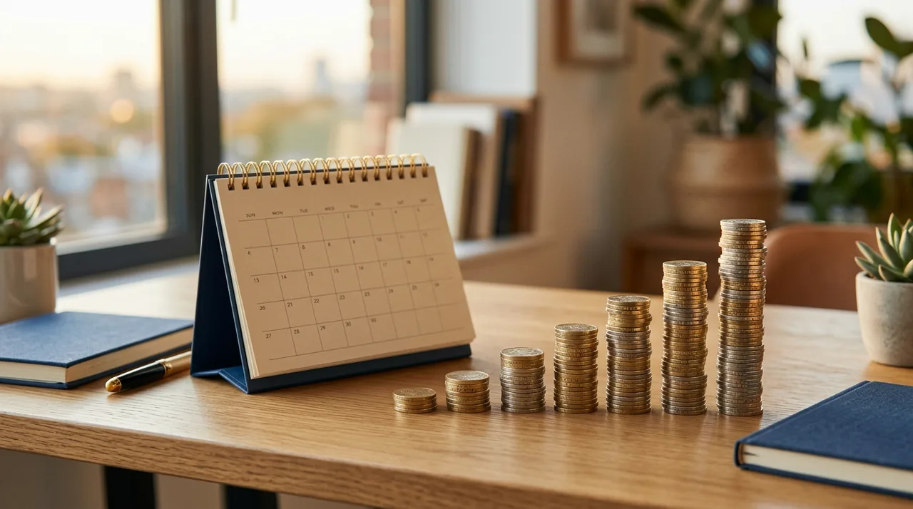 A rising line of coins beside a calendar, representing gains held over time