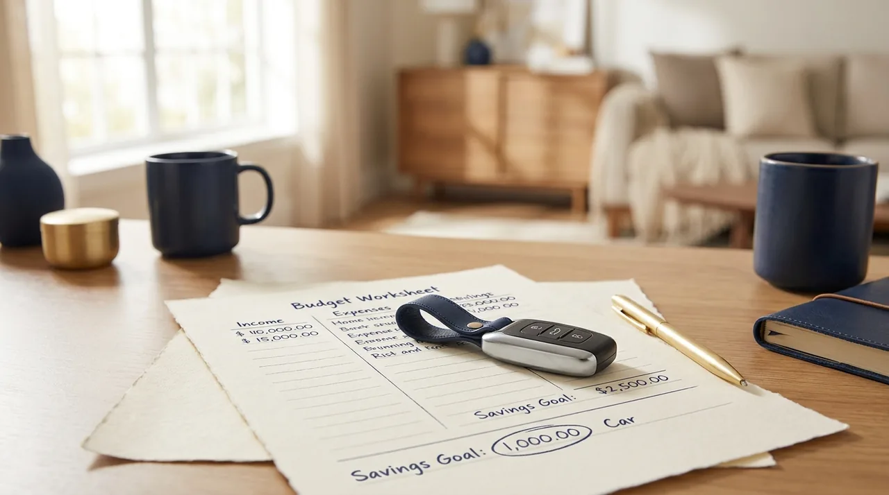 A car key on a budget worksheet, planning an affordable purchase