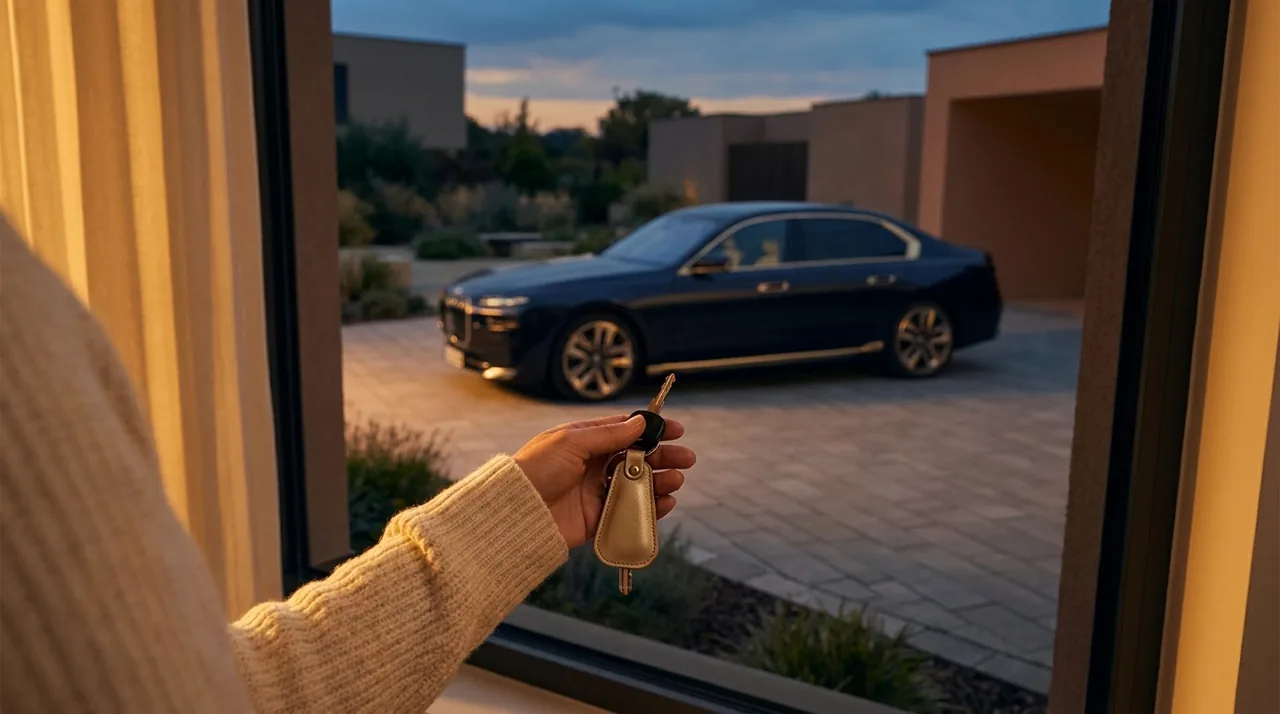 A new car in a driveway at dusk, keys in hand