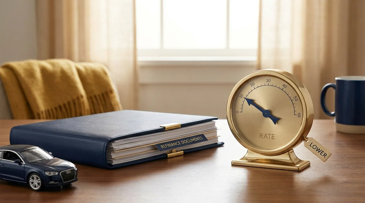 A car beside paperwork and a lower interest dial, refinancing a loan