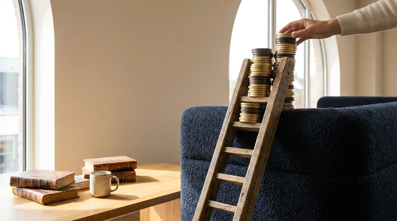 A set of steps or rungs made of stacked coins, a laddering concept