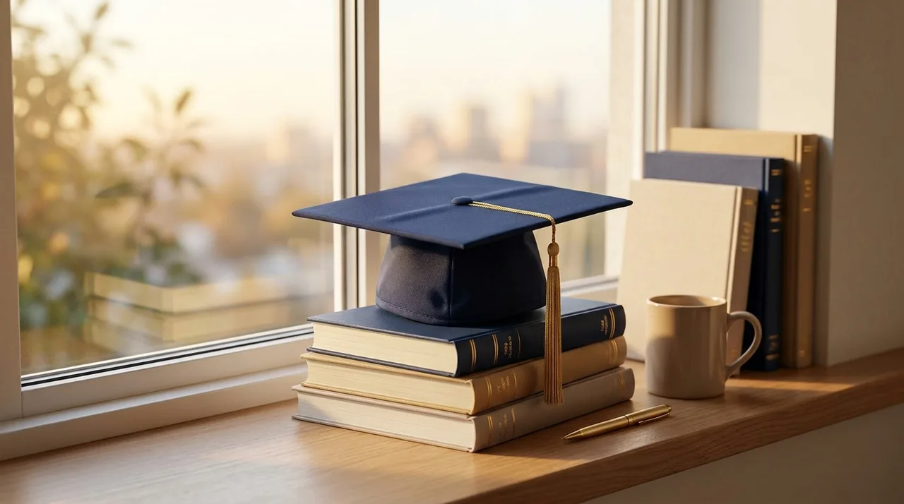 A graduation cap resting on a stack of books in warm light