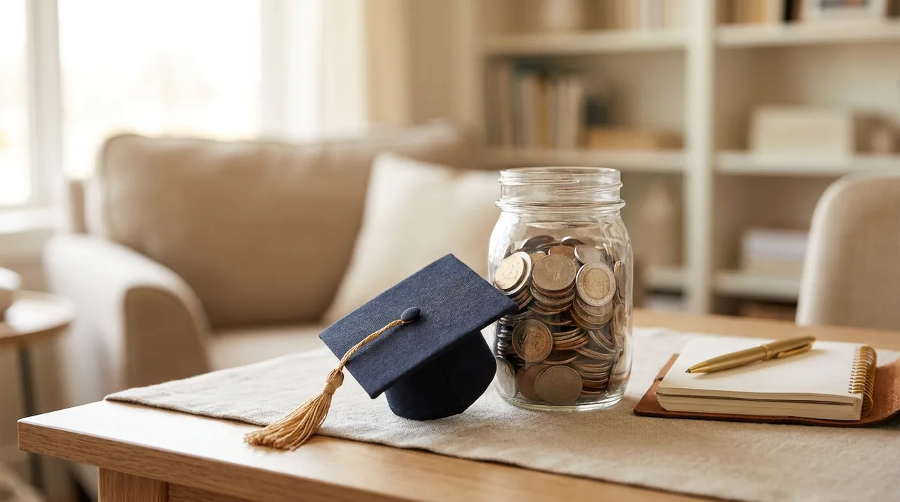A jar of coins beside a small graduation cap, saving for education