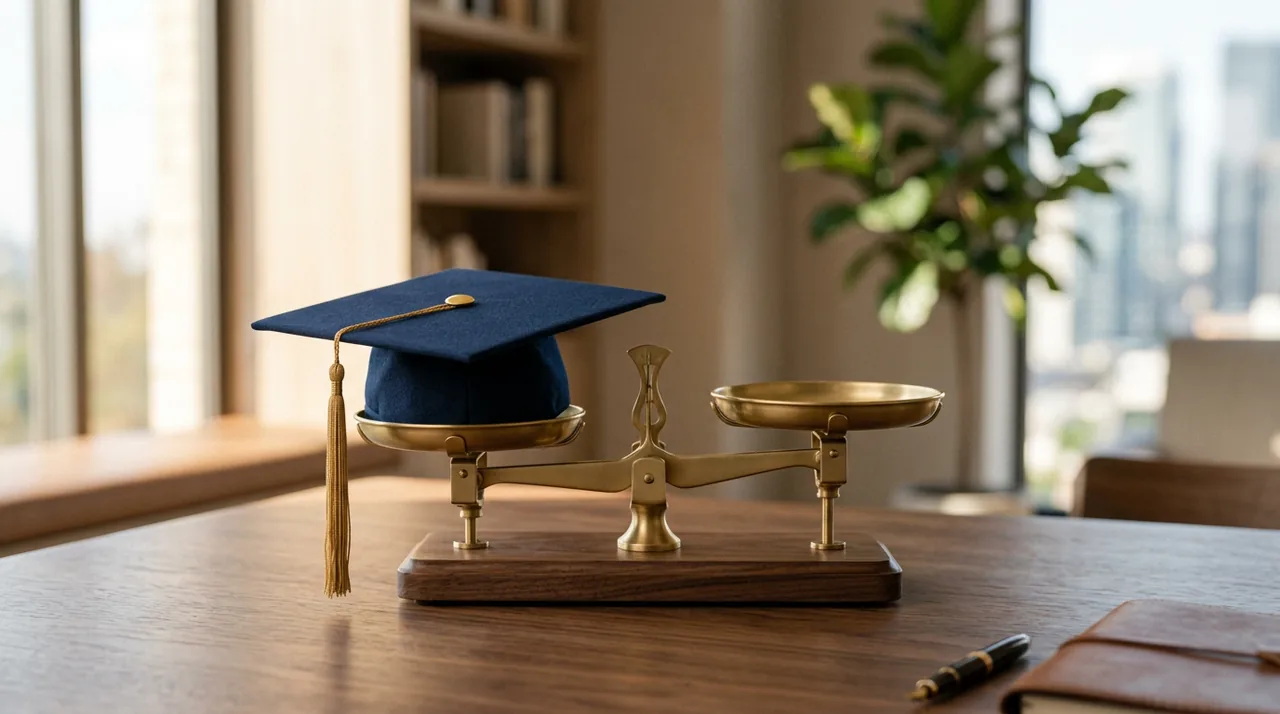 A graduation cap balanced on a small scale, weighing the value of a degree