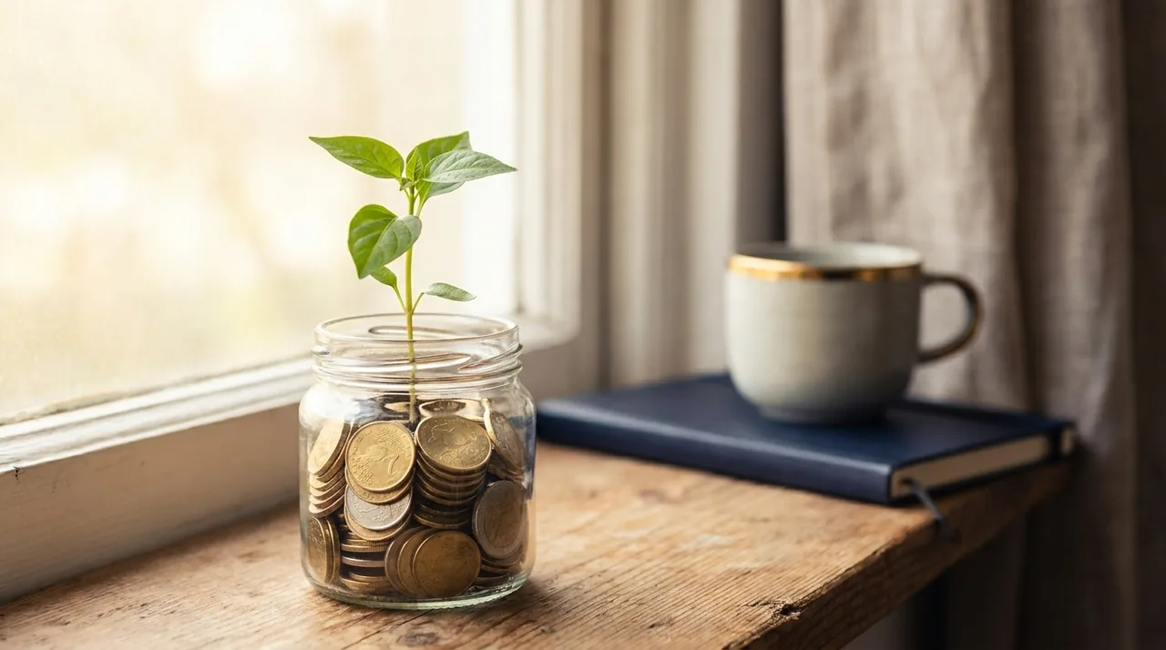 A seedling growing from a jar of coins, compounding over time