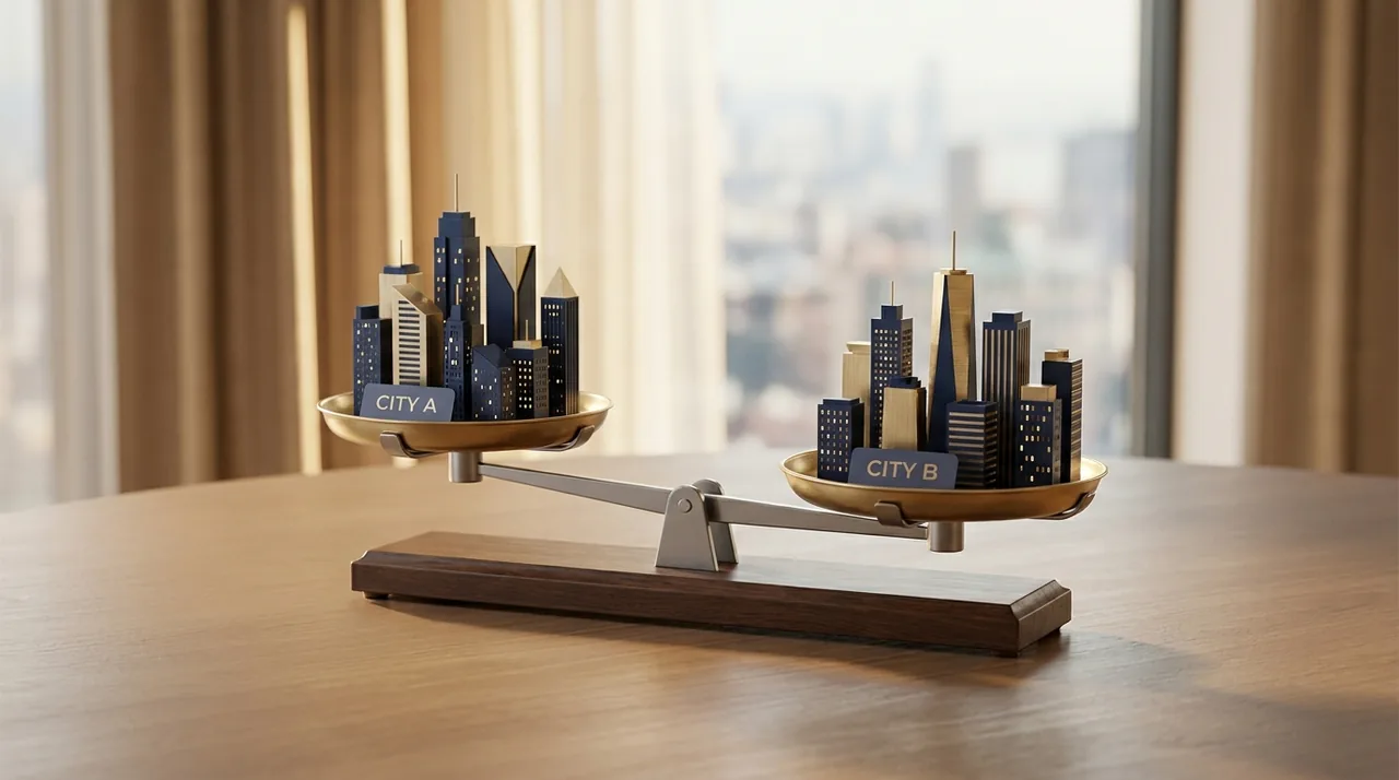 Two city skylines on a balance, comparing living costs