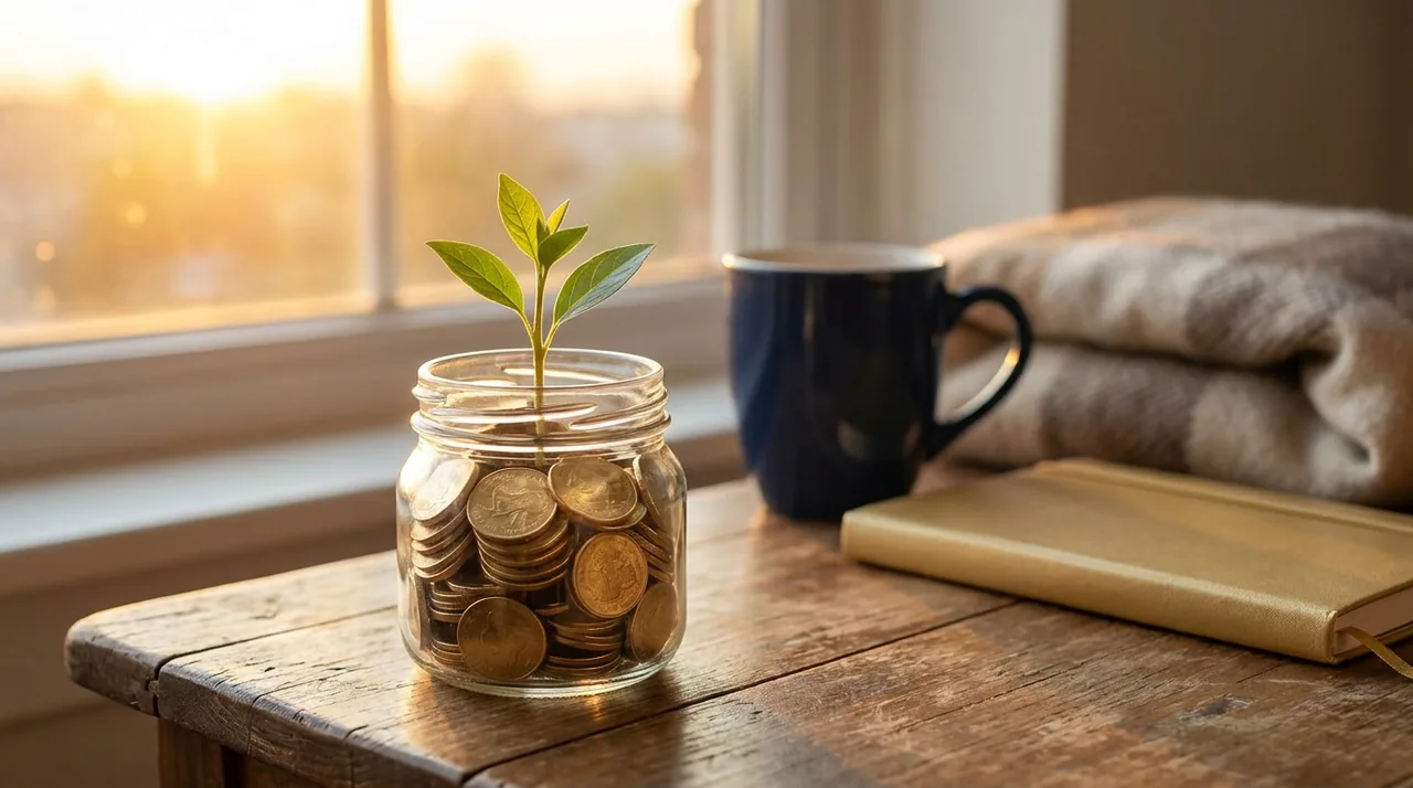 A sunrise over a growing plant in a jar of coins, the value of starting early