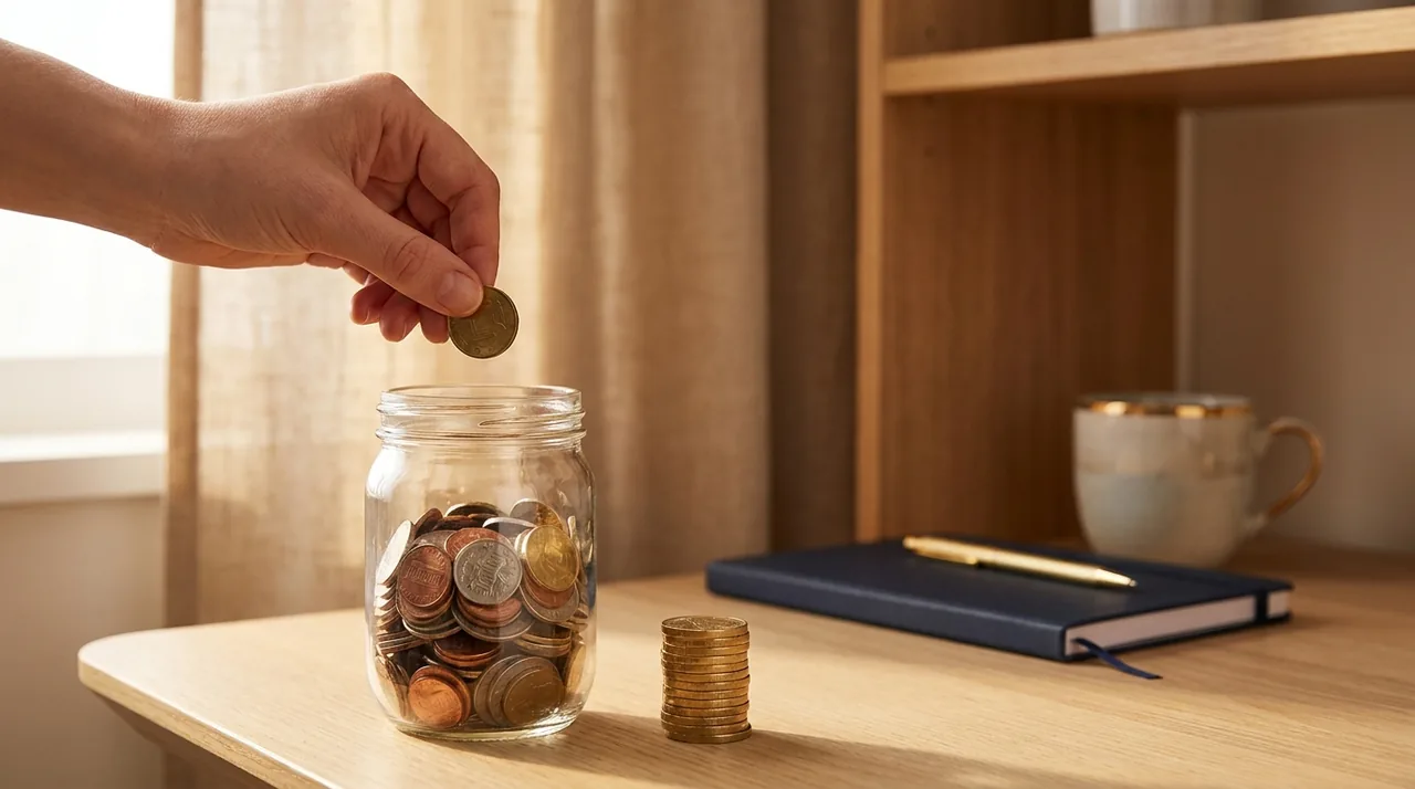 Coins being placed steadily into a jar over time versus all at once