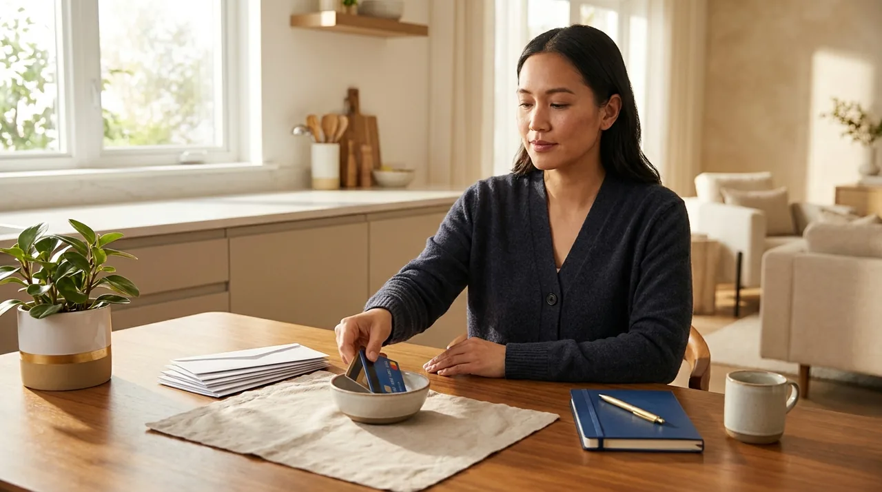 A person at a tidy kitchen table setting aside credit cards, taking control of debt