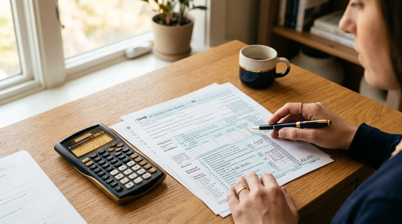 A tax form beside a calculator, weighing two deduction methods