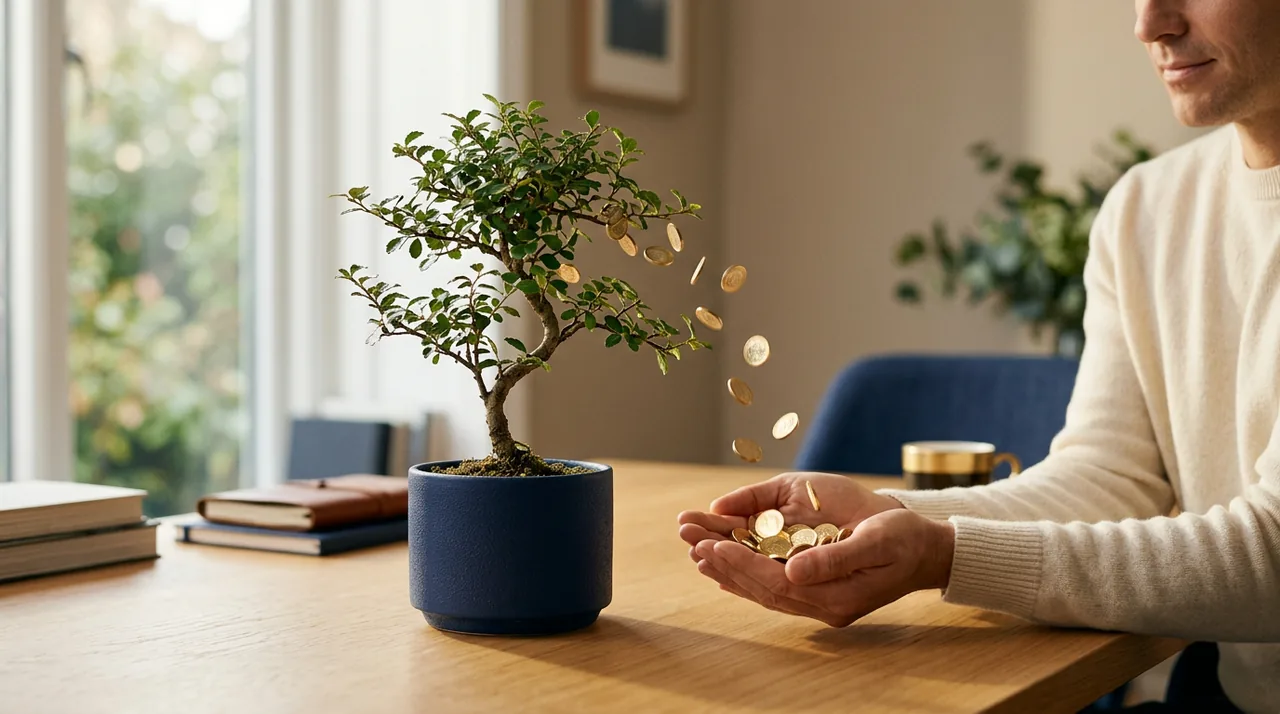 Coins being handed out from a small tree, representing dividend income