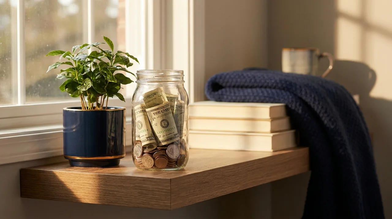 A jar of savings beside a plant, a financial safety cushion