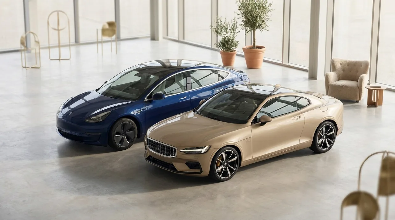 An electric car and a gas car side by side, comparing costs