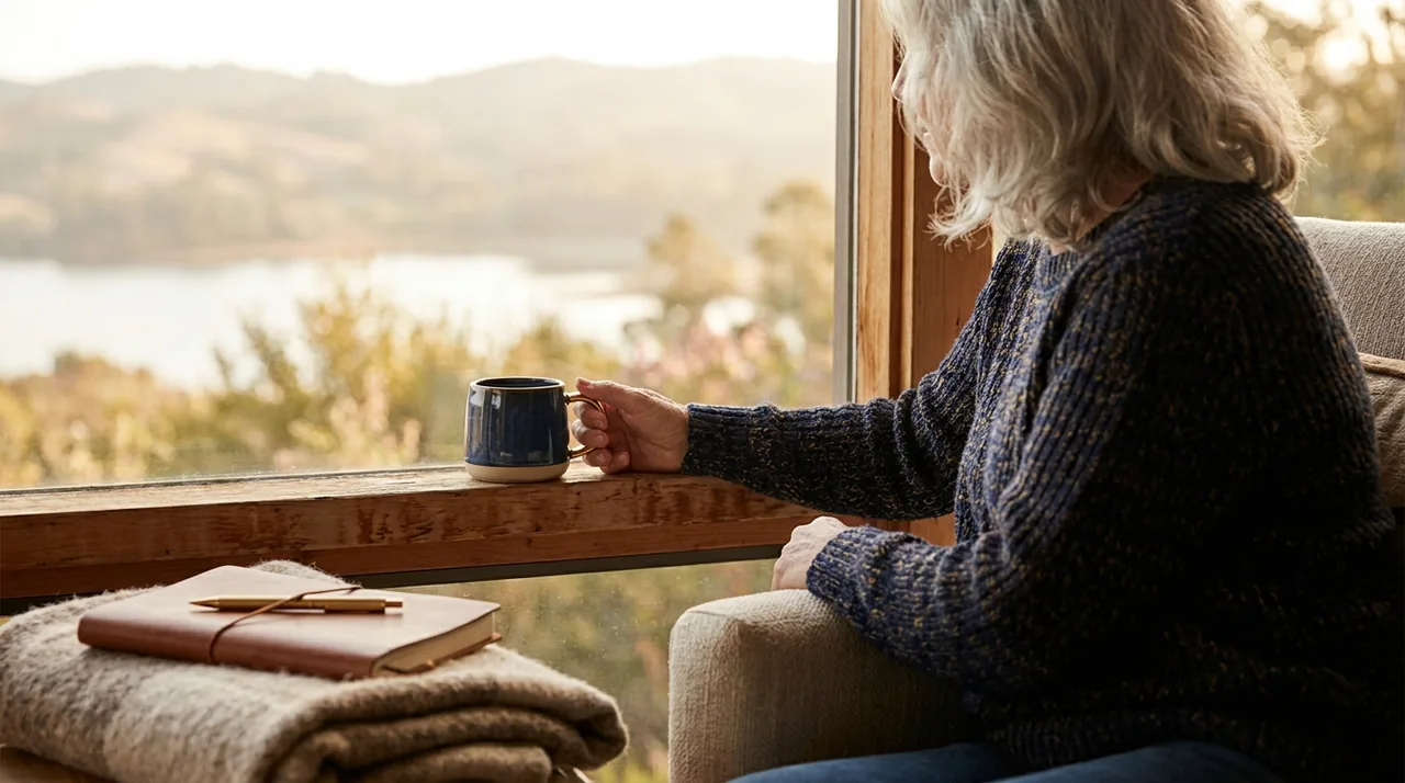 A calm retirement scene with a coffee and a view, planning withdrawals