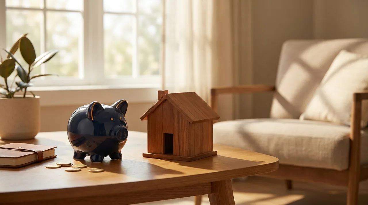 A piggy bank beside a small model house, saving for a down payment
