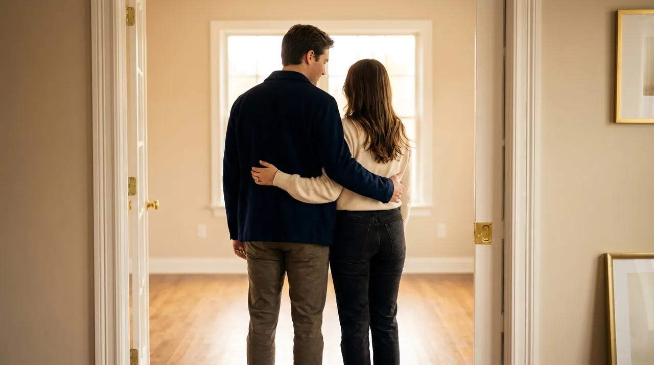A couple looking at a home they can comfortably afford, warm daylight