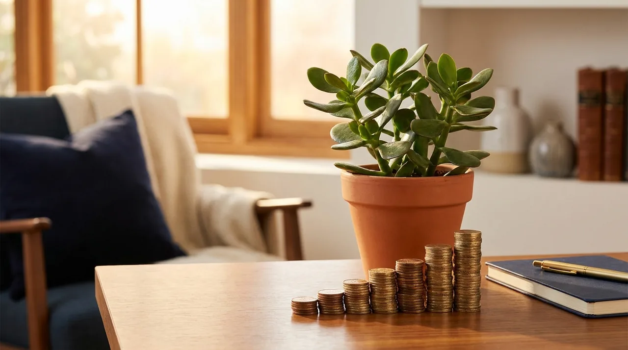 A calm view of a plant growing beside a rising stack of coins, long-term investing