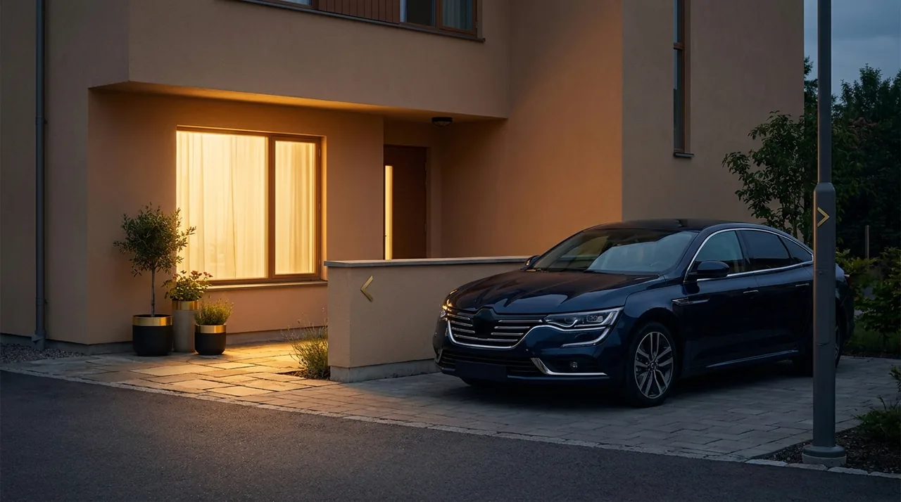 A car with two signs pointing to lease and buy