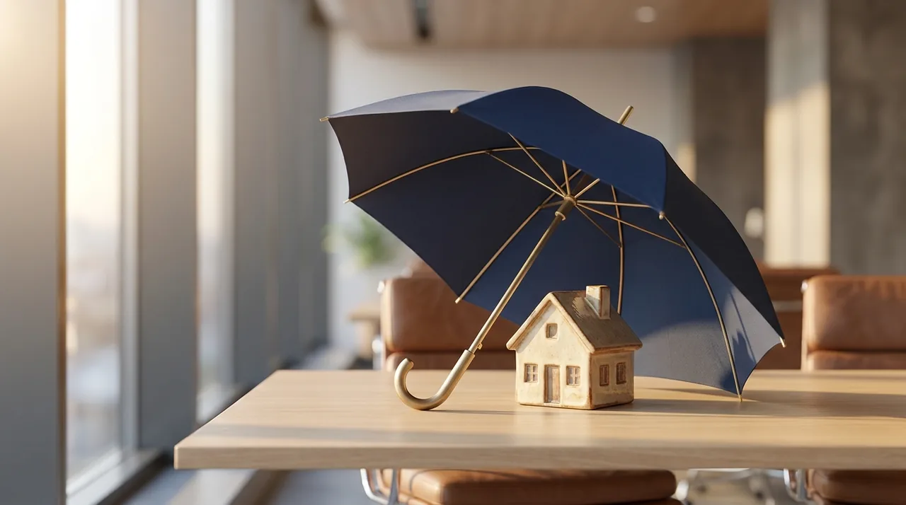 A protective umbrella over a small family home, representing life insurance
