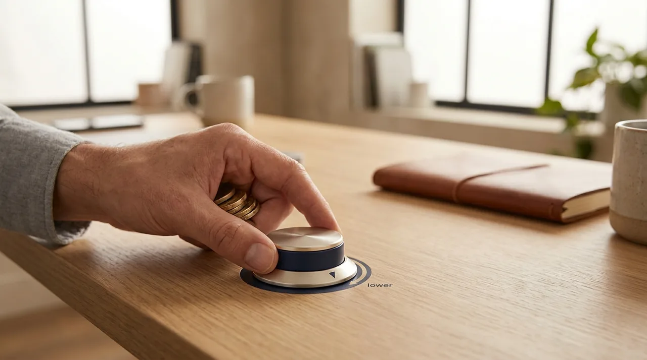 A hand placing coins to lower a small dial, representing buying down a rate