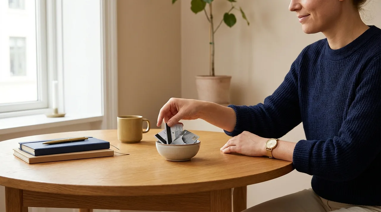A person tackling debt at a kitchen table, focused and hopeful