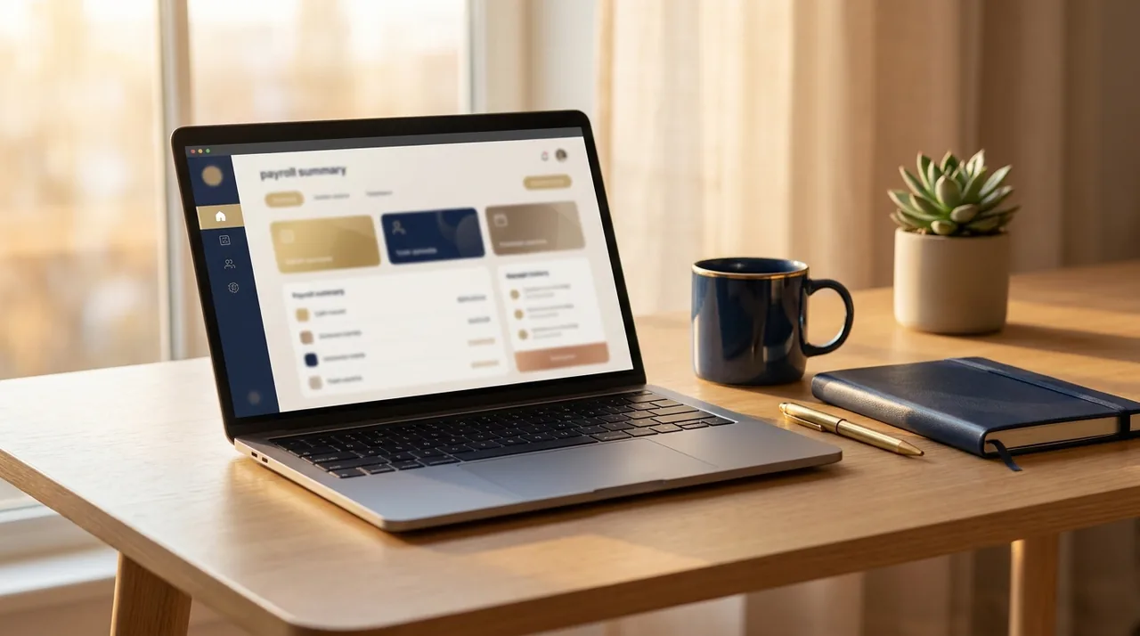 A desk with a laptop showing a payroll summary and a coffee, reviewing benefits