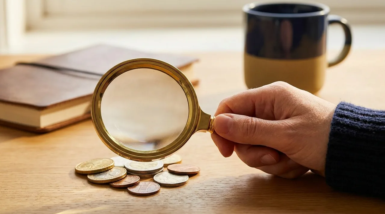 A magnifying glass over a growing coin stack, examining true returns