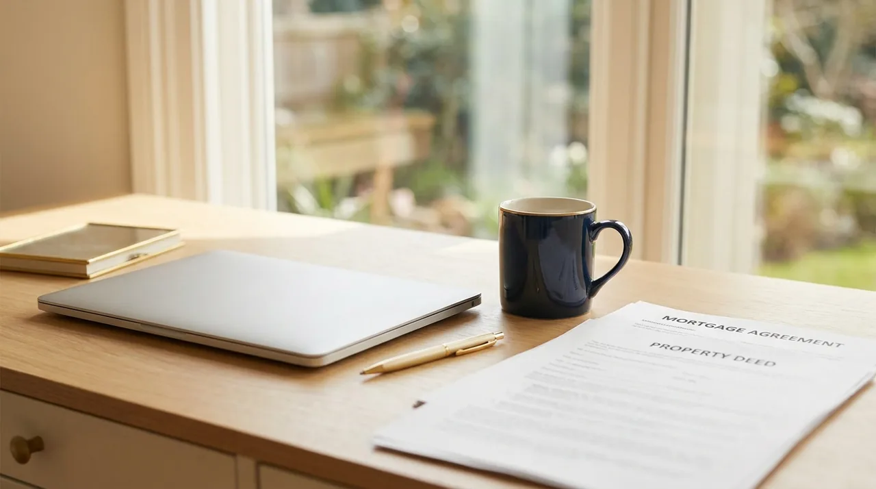 Mortgage paperwork and a laptop in morning light, reviewing a refinance