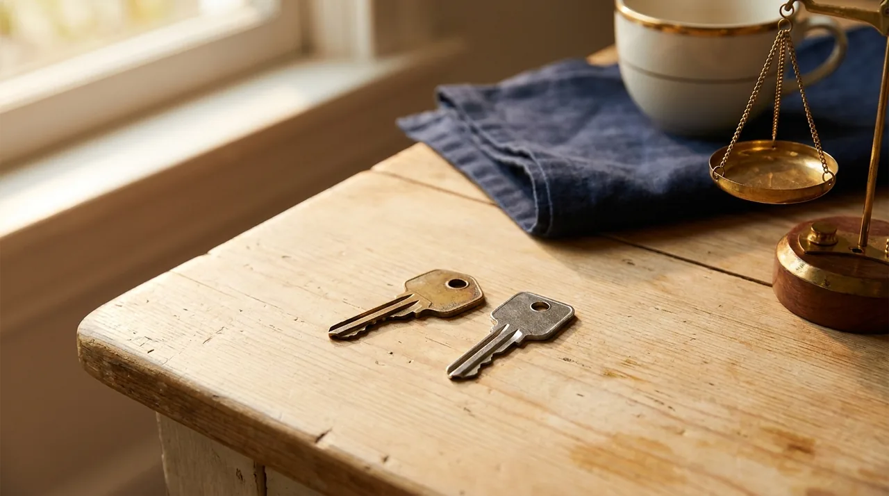 A rental key and a house key side by side, weighing two paths