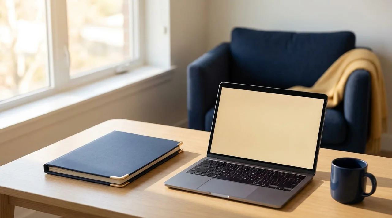 A calm home office with retirement paperwork and a laptop