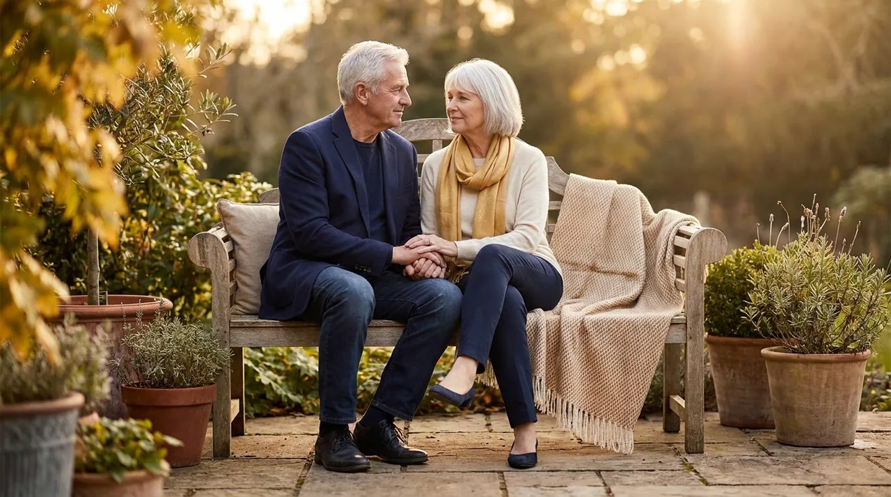 An older couple relaxing on a porch at golden hour, secure in retirement