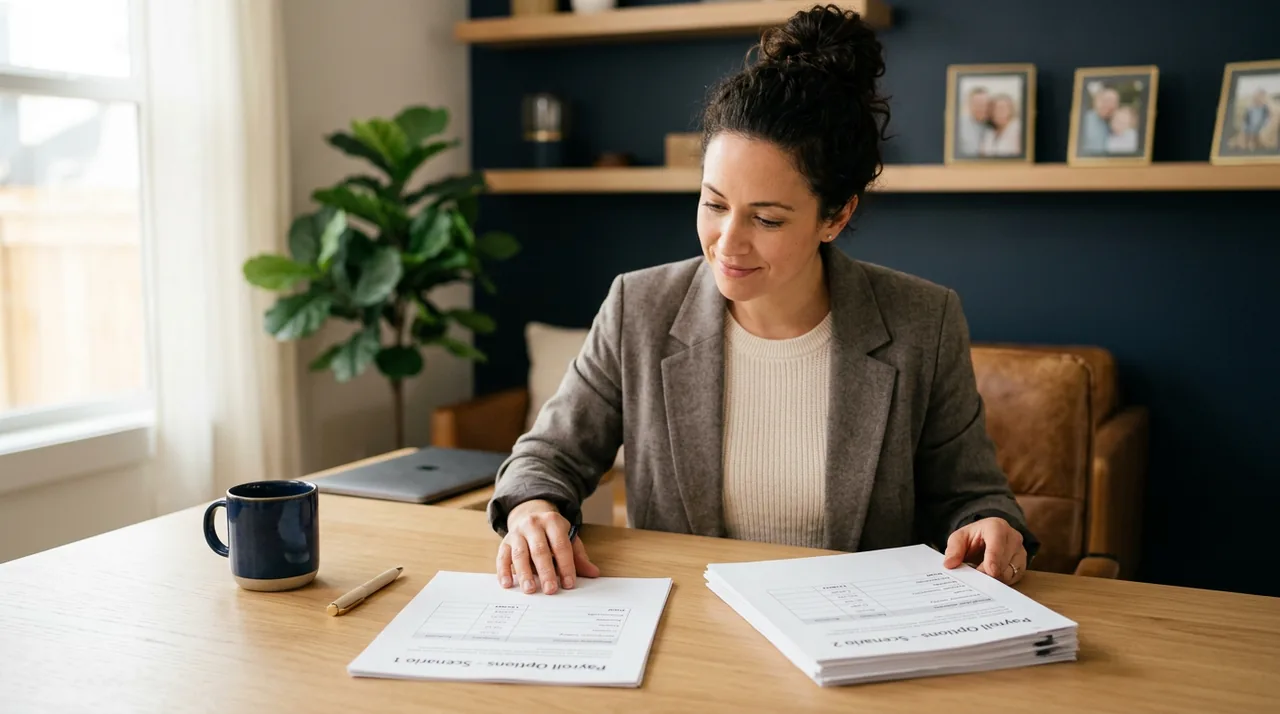 A small business owner reviewing payroll options at a desk