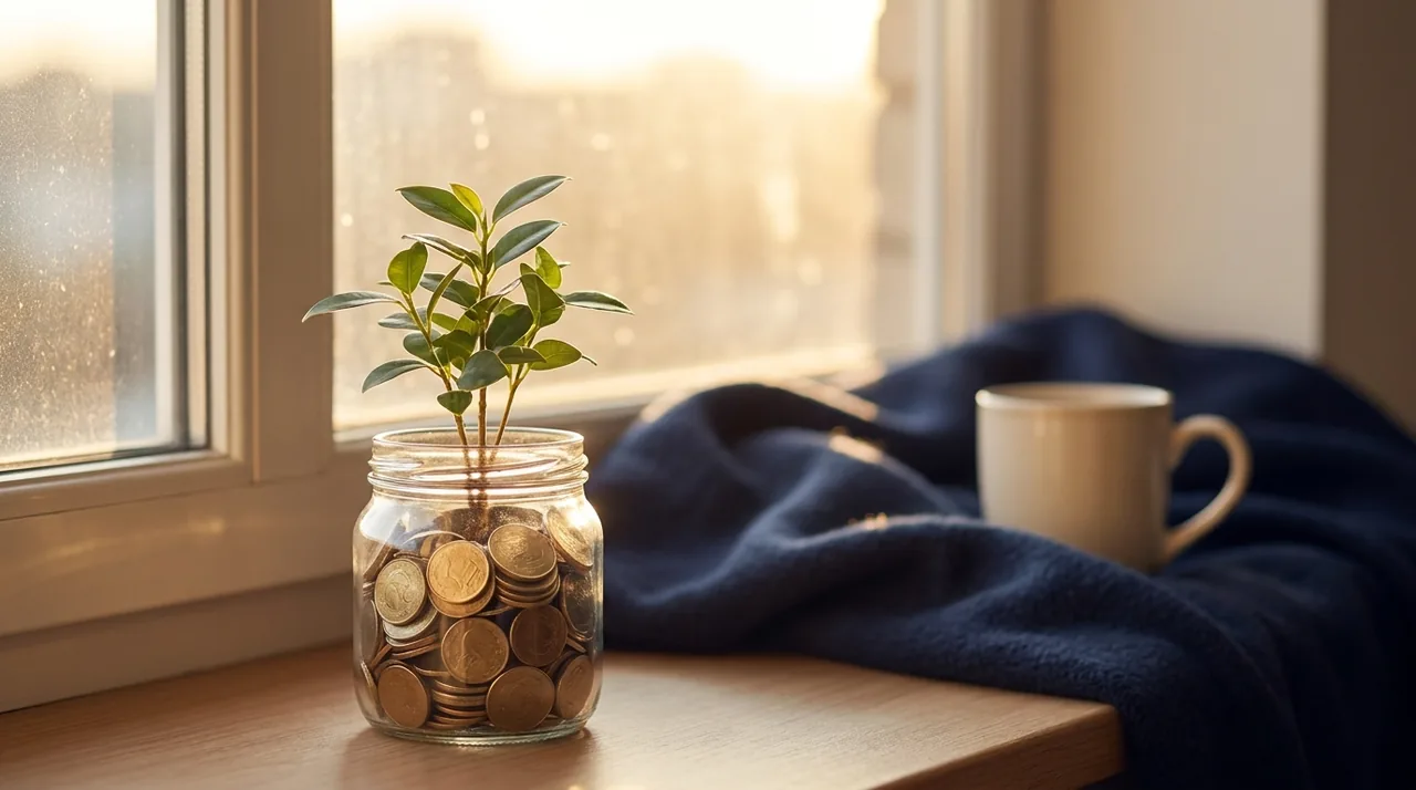 A sunrise over a growing plant in a coin jar, the value of starting early