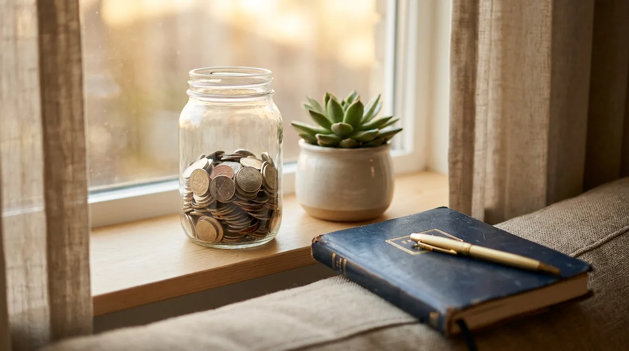 A glass jar filling with coins on a sunny windowsill, small savings growing