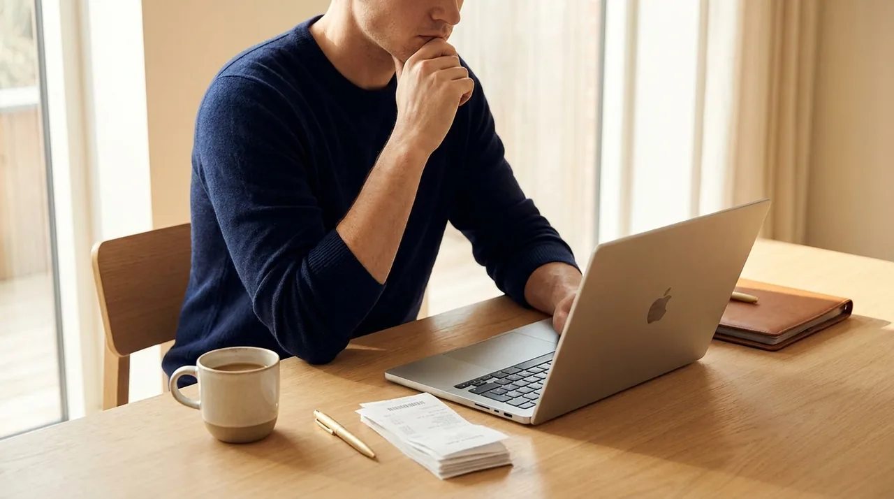 A freelancer at a laptop with tax paperwork, planning quarterly taxes