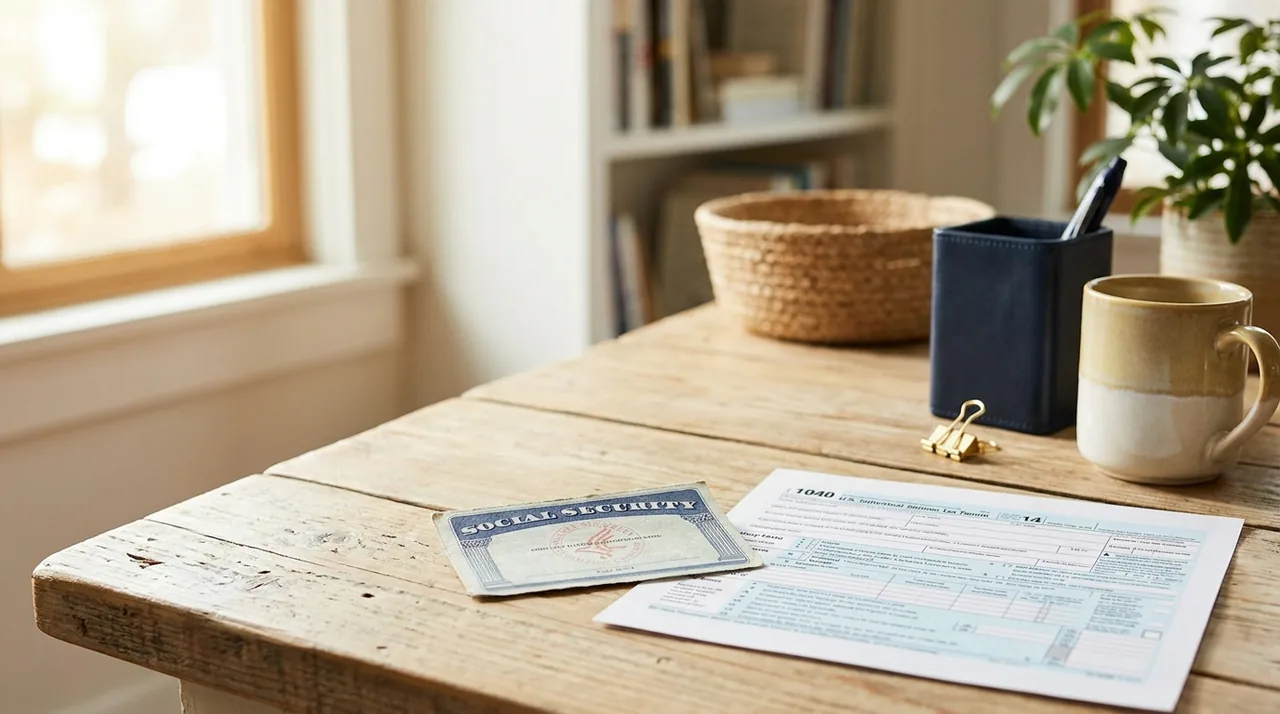 A Social Security card beside a tax form, calm planning