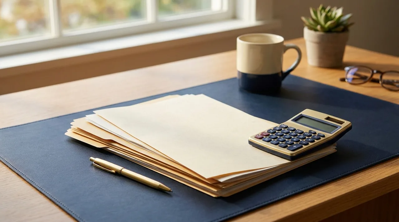 A clean desk with tax documents and a calculator in soft daylight
